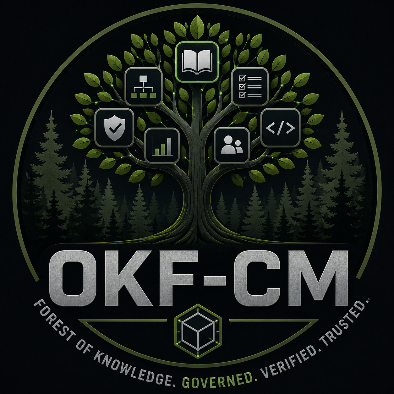 OKF-CM tree emblem representing a governed forest of knowledge